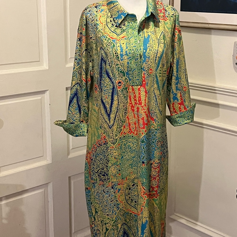 Gretchen Scott Designs Long Sleeve Paisley Shirt Dress in Green, Blue, Red